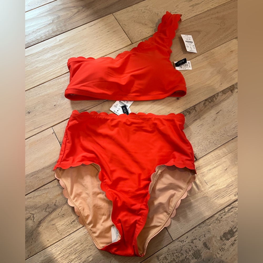NWT $115 J Crew sz S Scalloped One Shoulder Hugh Waist Bikini in Red Orange